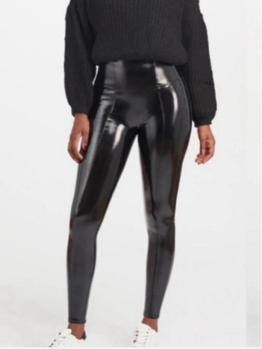 SPANX Black Faux Leather Leggings Size Medium M High Rise Shiny Stretch Pants